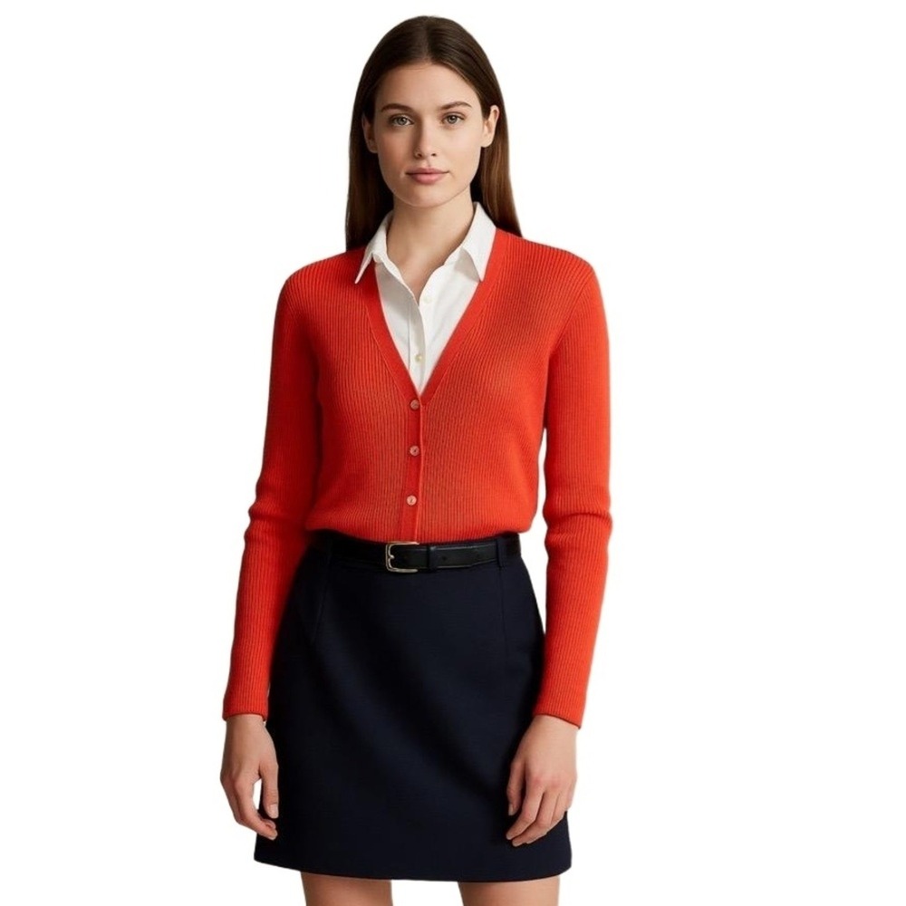 Lauren Ralph Lauren Orange Red Ribbed Cotton Cardigan Sweater‎ XL Button Front
